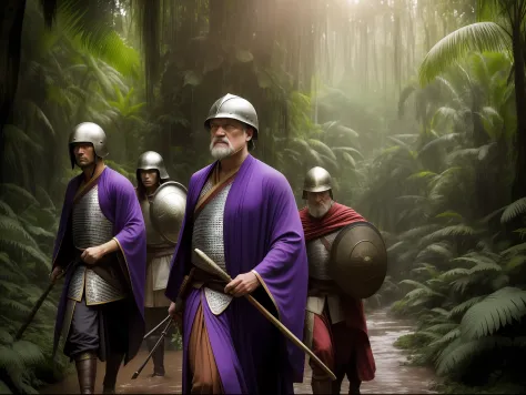 color photo of: an epic close-up shot of a mage and a warrior, two medieval adventurers in armor, carrying shields, axes, and staffs, carefully making their way through the rainforest, with dense vegetation, muddy ground, mushrooms, massive trees, dampness...