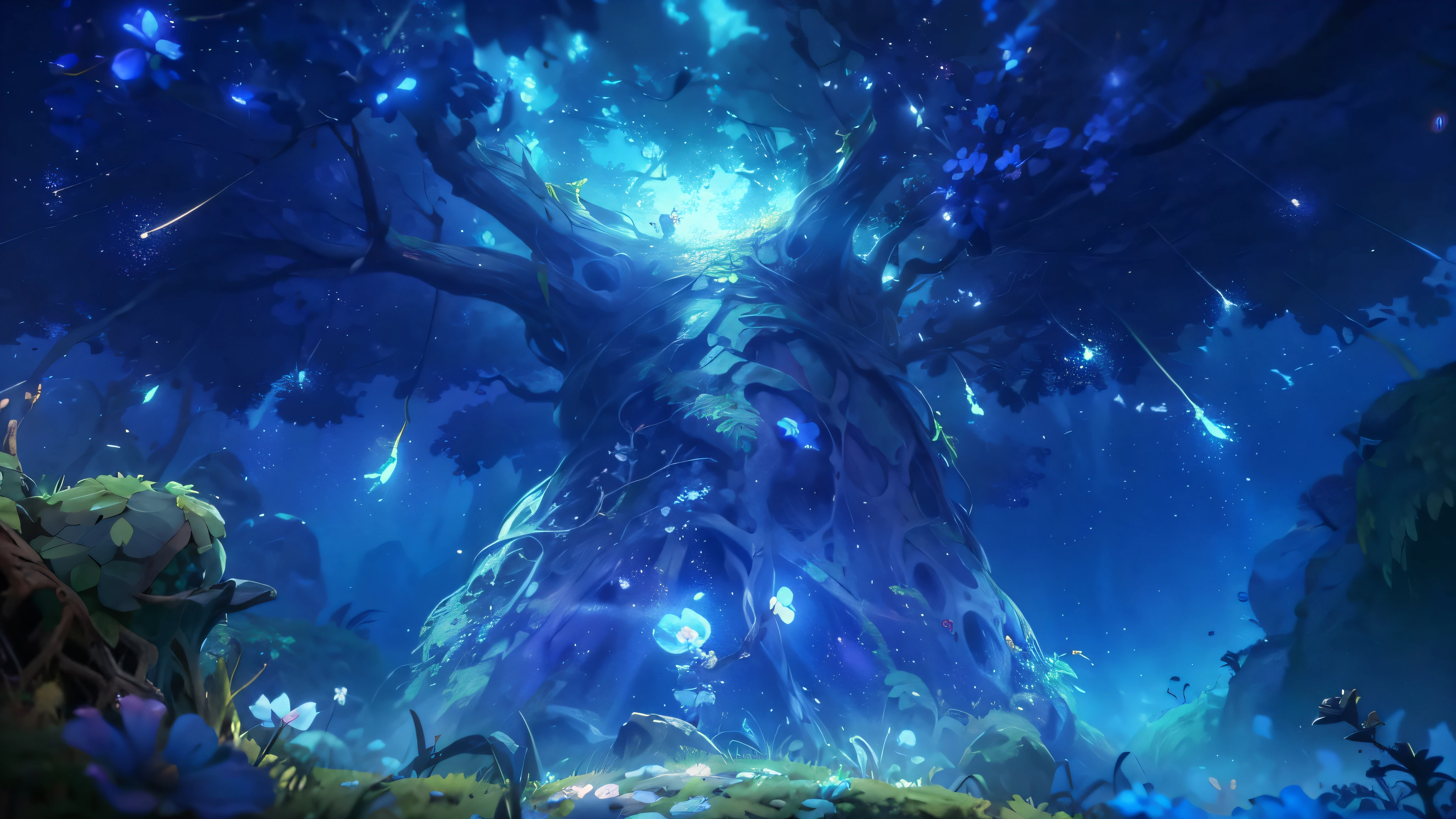 (Makro)(Nachschlagen), Es gibt Szenen im Dark Forest of Magic Ori(Kosmischer Baum+Fantasiebaum+Fantasiezweige+Fantasievegetation+fantastische Lichteffekte+Fantasieblumen und -pflanzen), Ori und der blinde Wald,  Feel the Kosmischer Baum of life shrouded in the blue atmosphere，Blauer Streamer，Das Zentrum des Weltenbaums leuchtet blau，hintergrundbild, Ori und der Wille der Irrlichter，Konzeptkunst, magisches Highlight，Kino-Stil von Pixar，bester Qualitäter，Optimale Materialhaptik，Beste Ergebnisse