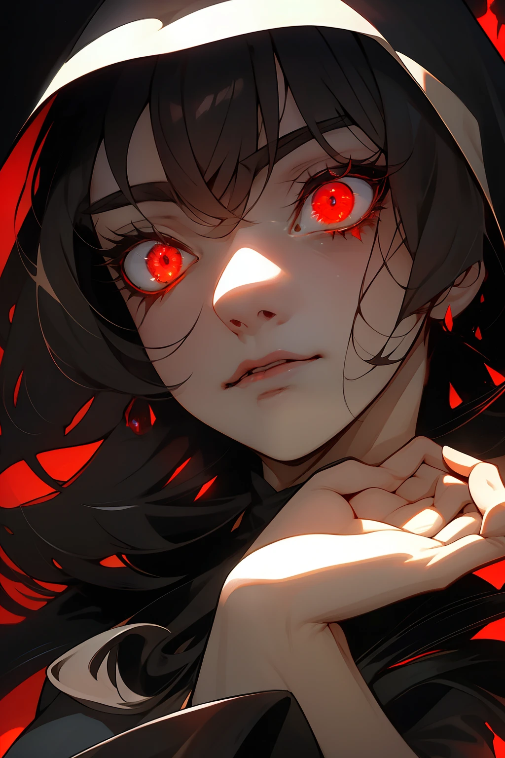 Best quality)), ((masterpiece)), (detailed: 1.4), black dress, dark black hair, black hime cut hair, glowing red eyes, dark background, dark environment, scary, junji ito, juni ito inspired, japanese horror inspired,1girl, feminine, wide eyes, nun, in prayer, face obscured, praying nun