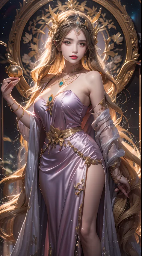 1 20-year-old girl, 1 goddess Athena, purple pink silk dress, beautiful goddess Athena's face without blemishes, sexy thin yellow nightgown, long thin nightgown of saint with many evocative black lace details feel, saint goddess legend, saint female icon, ...