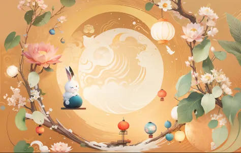 Mid-Autumn Festival Moon Lantern Rabbit Chinese Style Lotus Auspicious Cloud River Hand-painted --auto