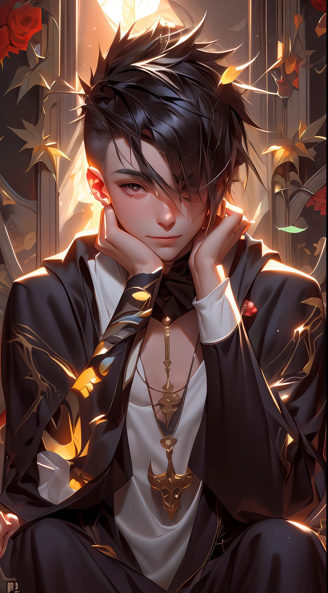 menino anime with tattoos sitting on a bench in front of a stained window, delicado príncipe andrógino, Lindo príncipe andrógino, tendências no artstation pixiv, menino anime, obras de arte no estilo de guweiz, Fanart detalhada, retrato de alta qualidade, classificação diária pixiv, arte digital no pixiv, Estilo de anime masculino, discord pfp, estilo pixiv,obra de arte, melhor qualidade, (papel de parede extremamente detalhado da unidade CG 8k), (melhor qualidade), (melhor ilustração), (Melhor sombra), absurdos, iluminação realista, (Abismo), lindo brilho detalhado