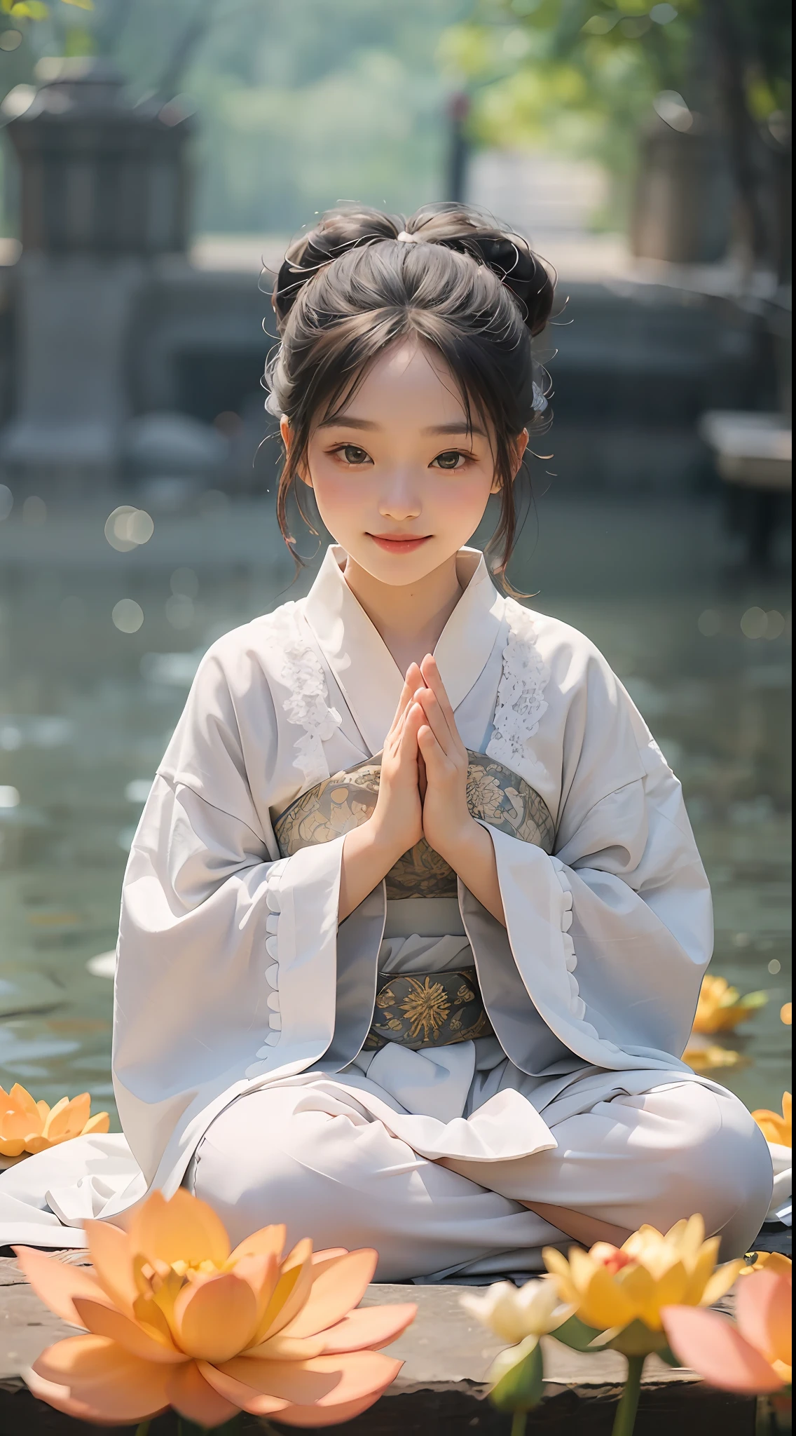 a 3-year-old a，Wearing a white monk's robe，Chubby little face，Big round eyes，A  High Bridge of nose，With a smile，had his hands folded，Sit cross-legged。Lotus pattern on background。k hd