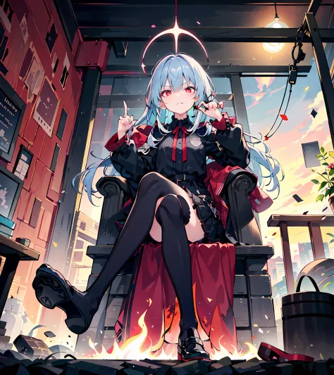 Best quality at best，1girll，Solo，Light blue hair，Red eyes，Dark environment，disdain，Sitting position，Look up at the perspective，S...