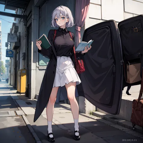 Depiction of an adult woman with long hair holding a textbook, one girl, solo, Letty White Rock, suit, Gohei, black skirt, shoes...
