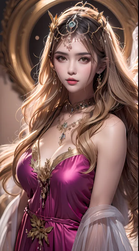 1 20-year-old girl, 1 goddess Athena, purple pink silk dress, beautiful goddess Athena's face without blemishes, sexy thin yello...