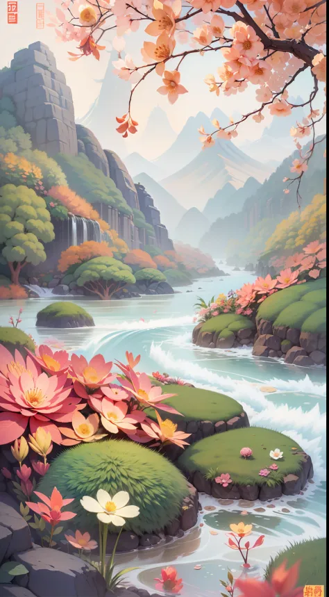 An illustration of a river made up of flowers and rocks, Guochao style，China-style，arte de fundo, Anime background art, Ethereal...