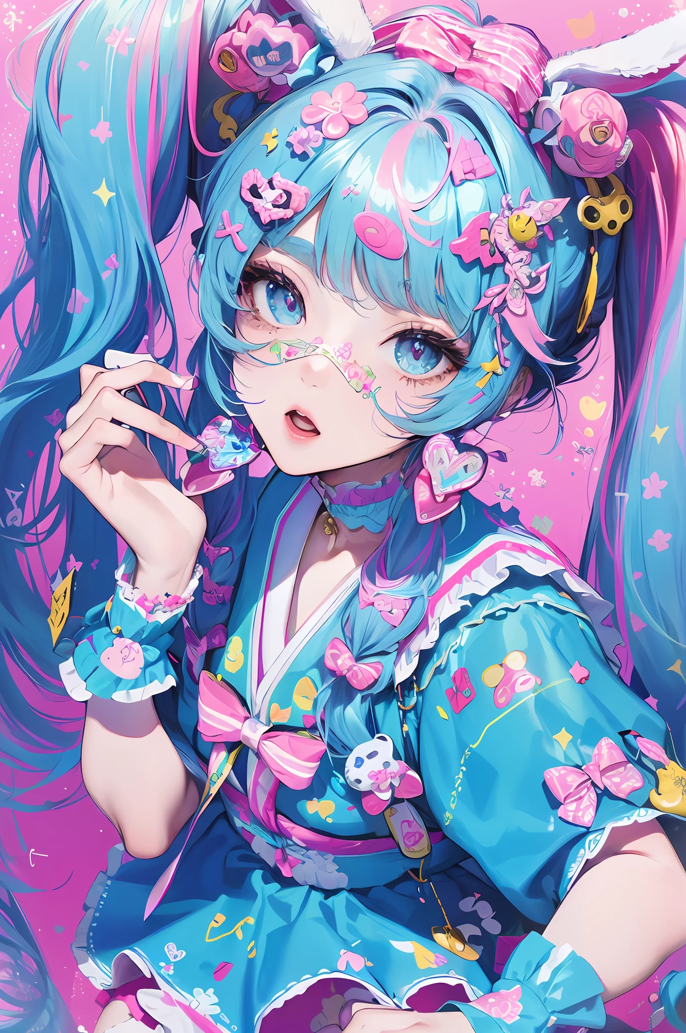 official art, masterpiece, sharp focus, (beautiful gorgeous cute Korean woman:1.3), (beautiful cute korean:1.3), korean beauty, Delicate and beautiful hair and eyes and face, realistic, ultra detailed, beautiful girl, blue sky, glow white particle, A single girl with a decora street fashion-inspired look, rocking a crazy harajuku style. She wears legwarmers and big platform shoes, and has her hair styled in adorable pigtails. The scene is set at nighttime, hairpins, accesories, bunny ears with pattern inside, striped, long socks, pale skin, hair ornament, epic scenery,