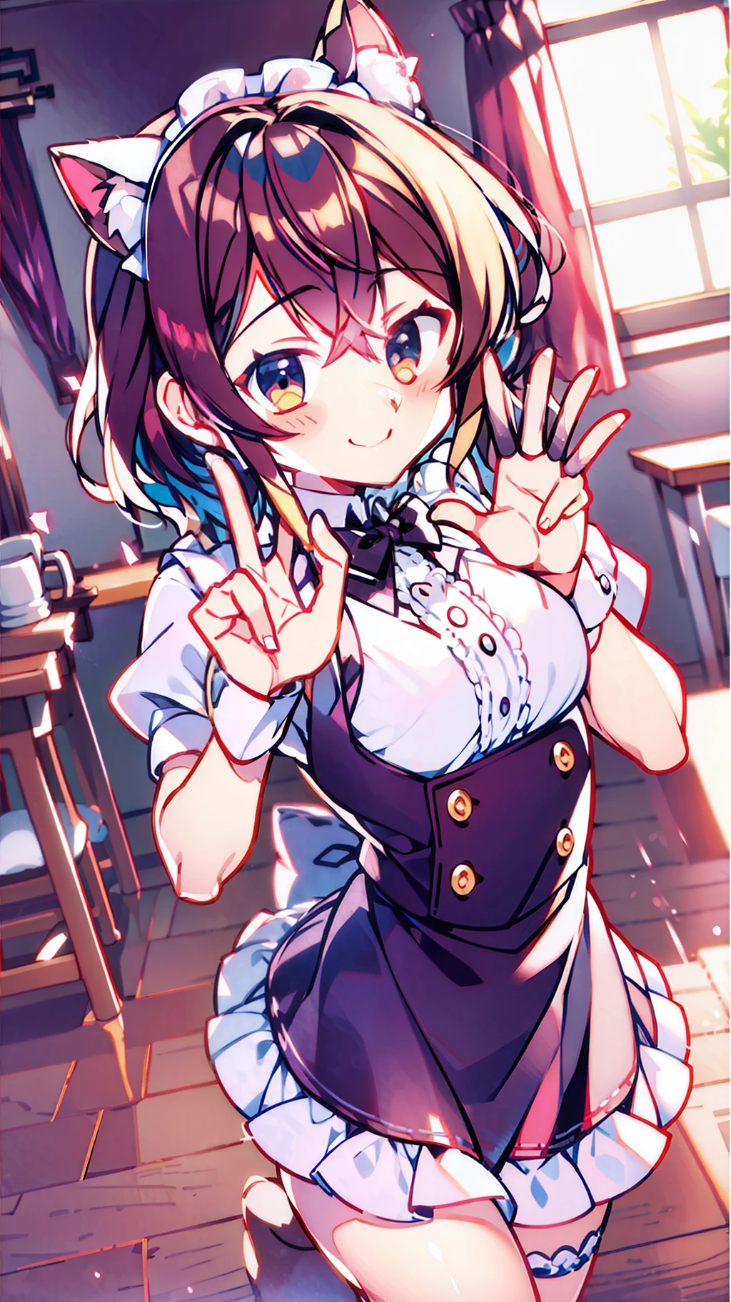 A childhood friend with cat ears who invades the house as a matter of course is wearing a maid outfit。Greeting Pose、Transcendent cute、Ultra high quality、Ultra High Resolution、Four fingers neatly arranged according to anatomy and a short thumb、honeycomb