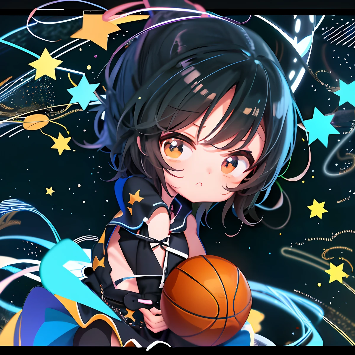 Una niña de dibujos animados con una pelota de baloncesto y estrellas., arte lineal intenso, lineal limpio, lineal perfecto, arte lineal!!, LineArt Behance HD, anime chibi, estilo de anime》, lineal de tinta extremadamente fina, chibi anime, arte de línea limpia, arte lineal negro intenso, dibujo estilo anime, Líneas de arte simples, lineal negro grueso, contornos limpios de anime