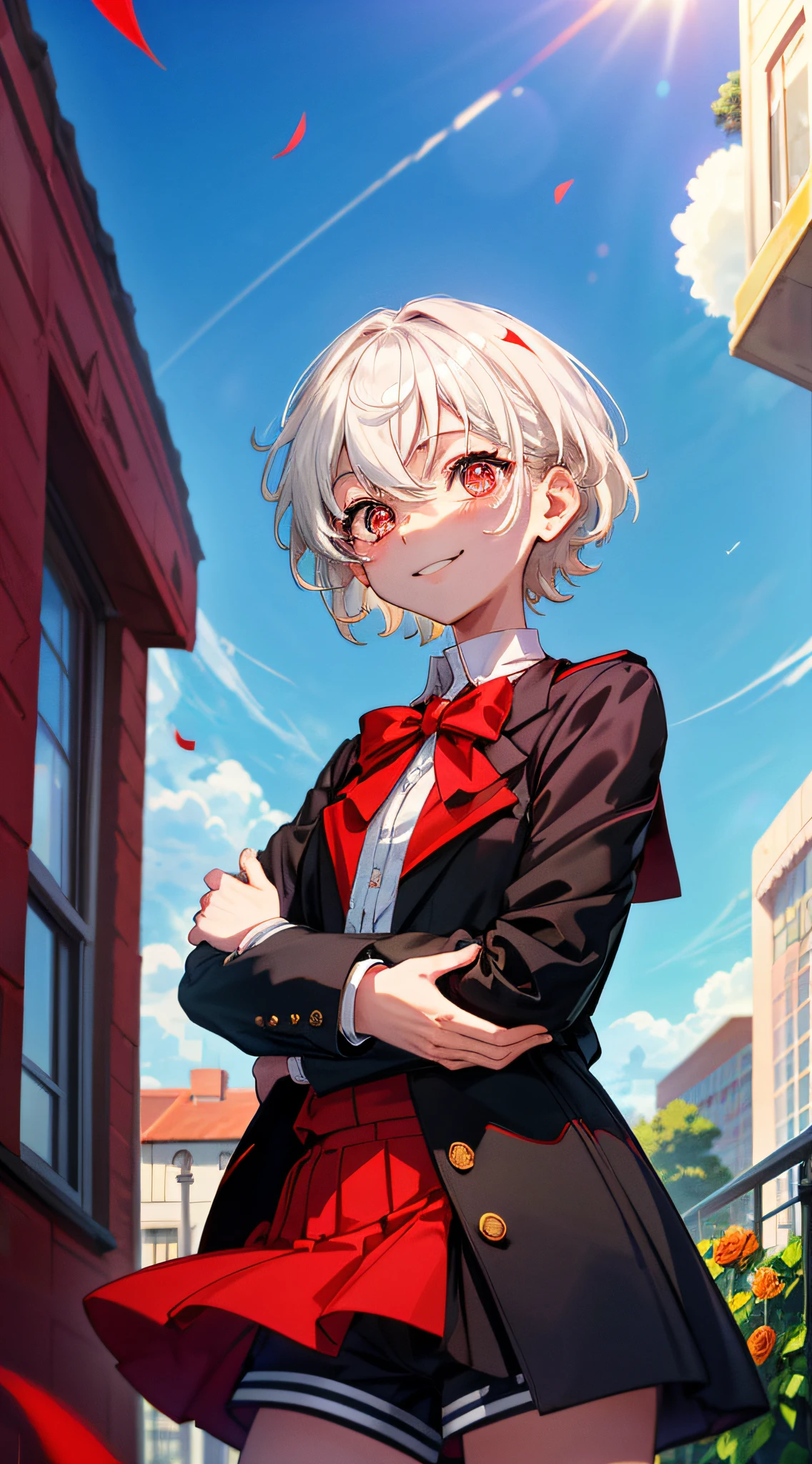 (high-quality, breathtaking),(expressive eyes, perfect face), short, young boy, short white hair, red eyes, smiling, black school uniform, wear short shorts, urban setting, sunshine, blue sky, shine, glow, red roses.