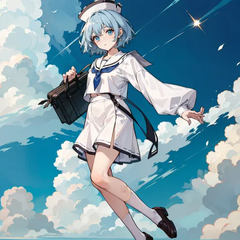 Description of a short-haired young woman holding a briefcase, 1 girl, Solo, Merlin Prism River, School uniform, Just flat, Skir...