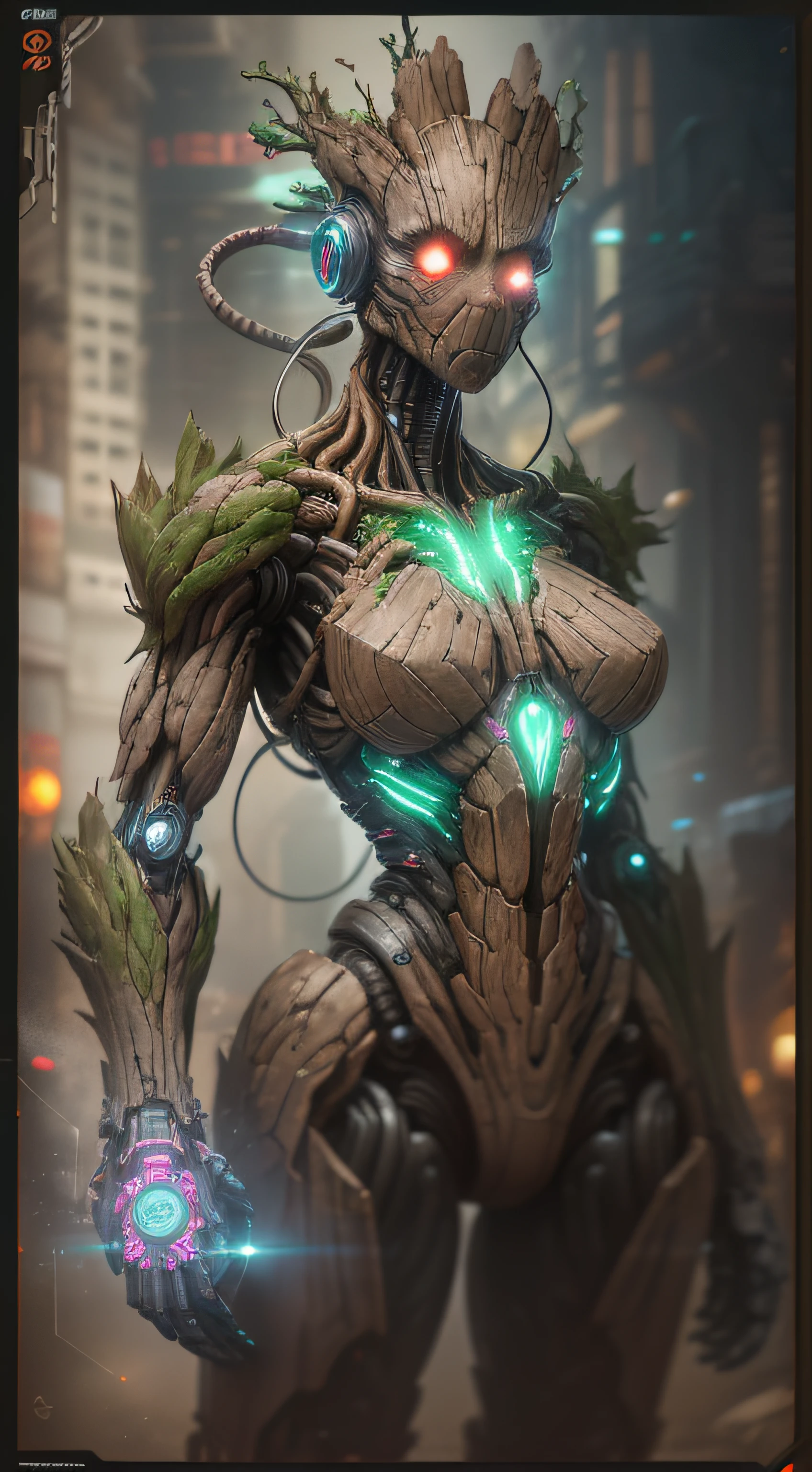 "Groot da fotografia da Marvel, robô hiper-realista com detalhes biomecânicos intrincados e linhas limpas, mostrando a estética cyberpunk. uma obra-prima apresentada no Zbrush Central."