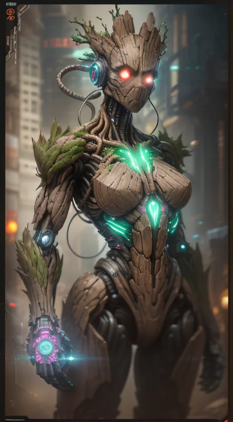 "Groot from Marvel photography, hyperrealistic robot with intricate biomechanical details and clean lines, showcasing the cyberp...