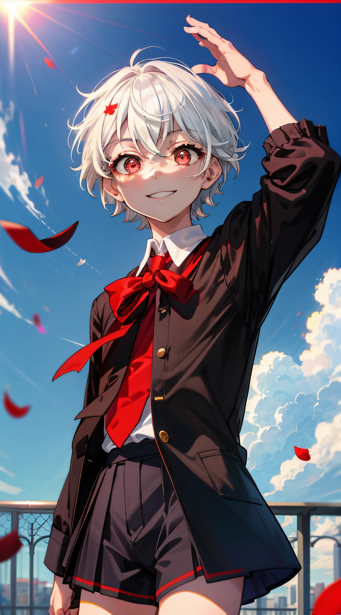 (high-quality, breathtaking),(expressive eyes, perfect face), short, young boy, short white hair, red eyes, smiling, black , wear short shorts, urban setting, sunshine, blue sky, shine, glow, red roses.