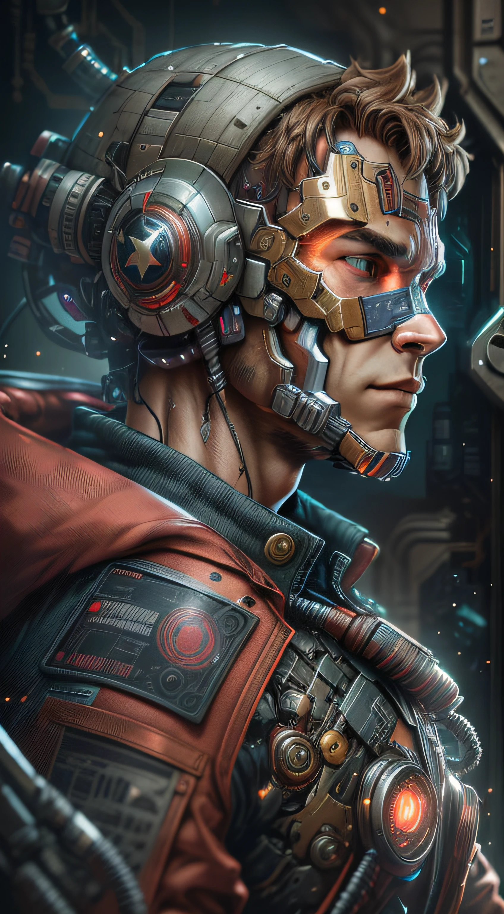 Peter Quill StarLord mask on, red jacket, from Marvel photography, biomechanical, complex robot, full growth, hyperrealistic, insane small details, extremely clean lines, cyberpunk aesthetic, masterpiece featured on Zbrush Central