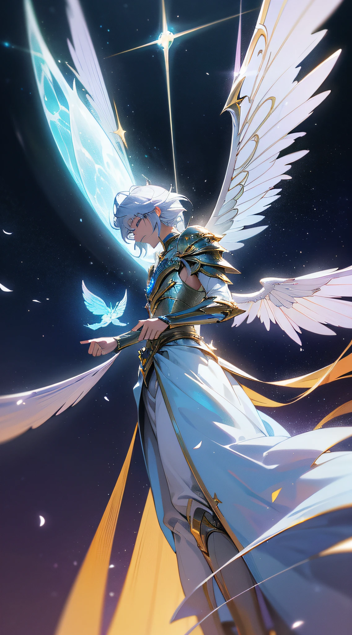 A man with eight wings flying in the air，Wear ethereal armor，Wear ...