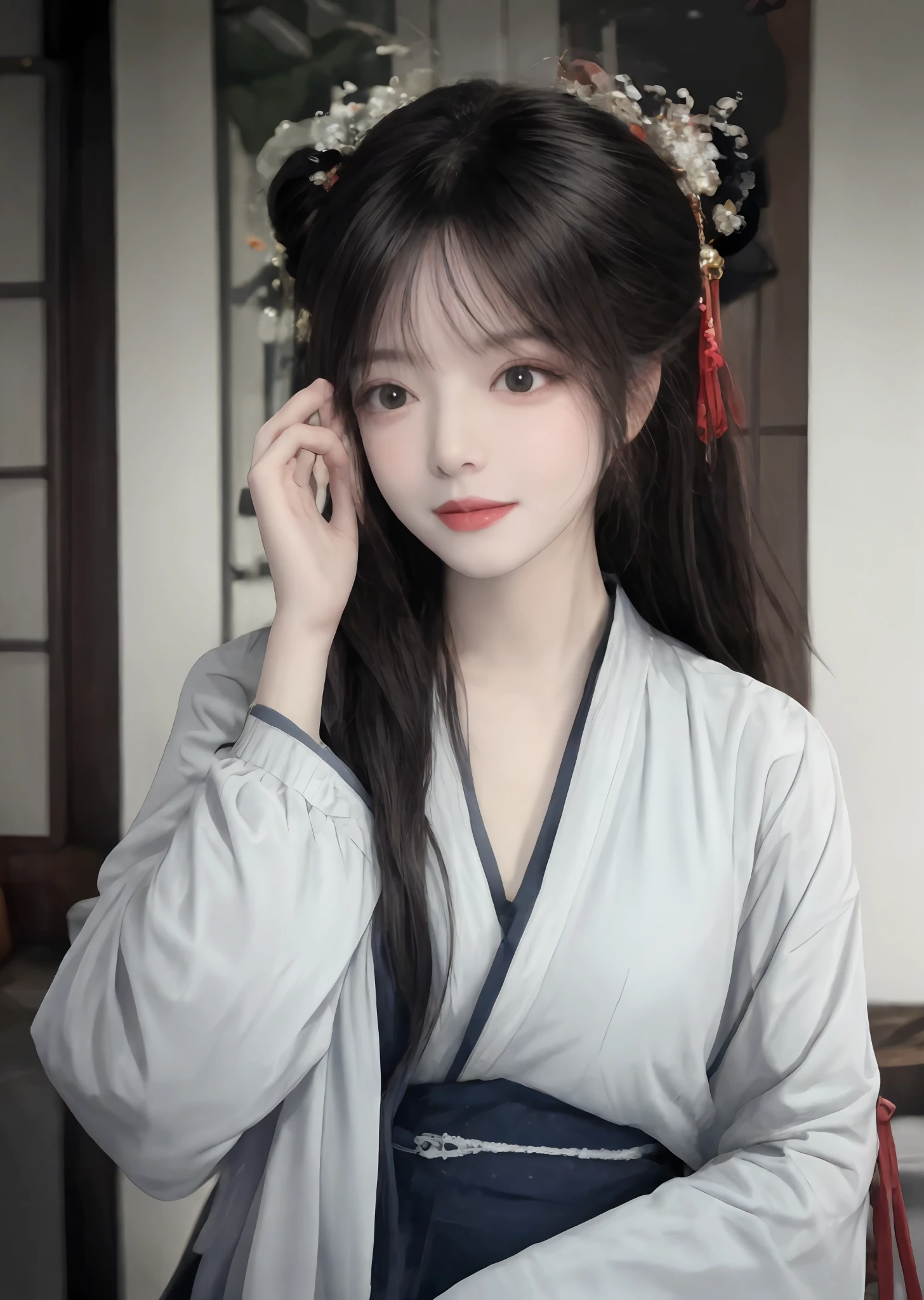 There is a woman posing for a photo in Hanfu, Expose large, Long bangs, Close your eyes, with acient chinese clothes, Japanese clothes, Wearing ancient Chinese clothes, Palace ， A girl in Hanfu, Traditional Chinese clothing, pale and coloured kimono, Chinese costume, traditional geisha clothing