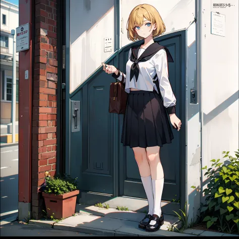 Description of a short-haired young woman holding a briefcase, 1 girl, solo, Merlin Prism River, school uniform, Gohei, skirt, shoes, Serafuku, white sailor uniform, socks, Mary Janes, school background, different costume, long sleeves, blonde, full body, ...