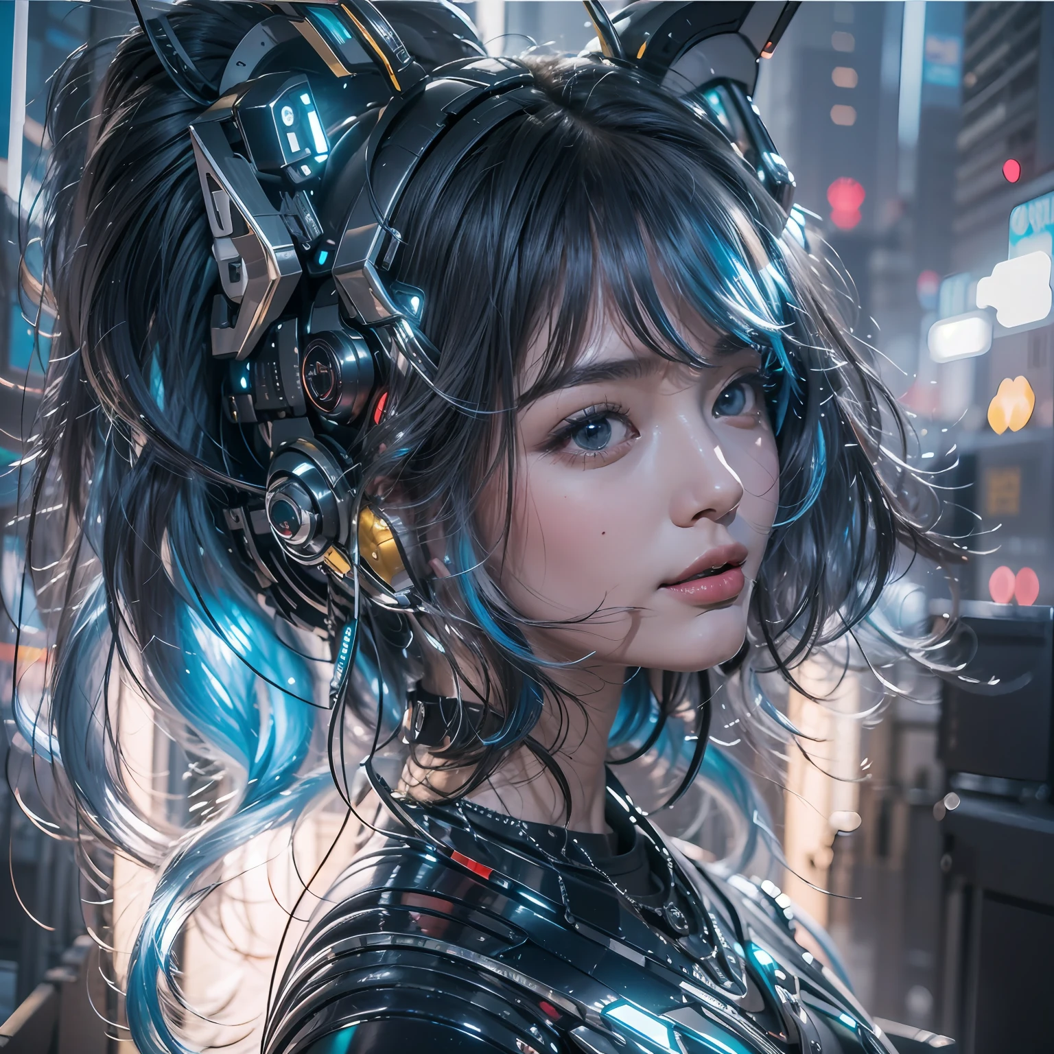 1fille， Chinois_vêtements，traits du visage parfaits，visage délicat， Titane noir métallisé et bleu foncé，Armure en métal noir titane，Machinerie， Photoréaliste，cyberhanfu， sur le cheongsam， personnage cyber punk， Ville,Détails Casque Lumineux， ornements de cheveux lumineux， cheveux longs et blancs， Boucles d&#39;oreilles lumineuses，collier lumineux，une ville de haute technologie， plein de machines et d&#39;éléments futuristes， néons lumineux，couleurs bleues，Lumière bleue，lumière laser，La meilleure qualité au mieux，chef-d&#39;œuvre，8k,lumière de bord de personnage，détail hyper élevé，haute qualité，la plus belle femme de l&#39;homme，sourire，Le visage est symétrique à gauche et à droite face à l&#39;avant，Décoration coin oreille，La longue antenne émet de la lumière，Texture du visage ultra détaillée，gaieté，Systèmes d&#39;armes，mechs，Antenne électroluminescente montée sur la tête，Regard profond,(Personne)