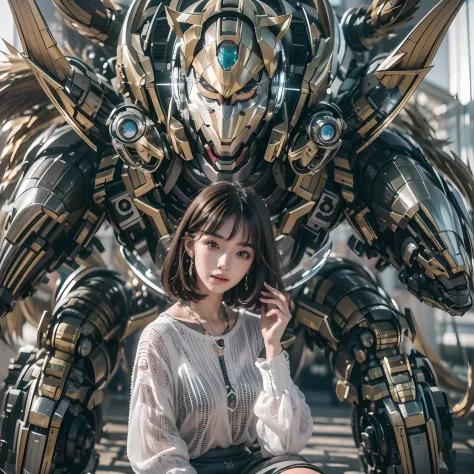 1girll，Big eyes，Perfect facial features，With a mecha helmet，mechs，Photorealsitic，Metallic，sitting on a stool，eyes looking at the...
