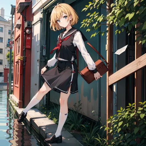 Description of a short-haired young woman holding a briefcase, 1 girl, Solo, Merlin Prism River, School uniform, Just flat, Skirt, shoes, serafuku, White Sailor Uniform, sox, mary janes, School Background, different costume, Long sleeves, Blonde, Full body...