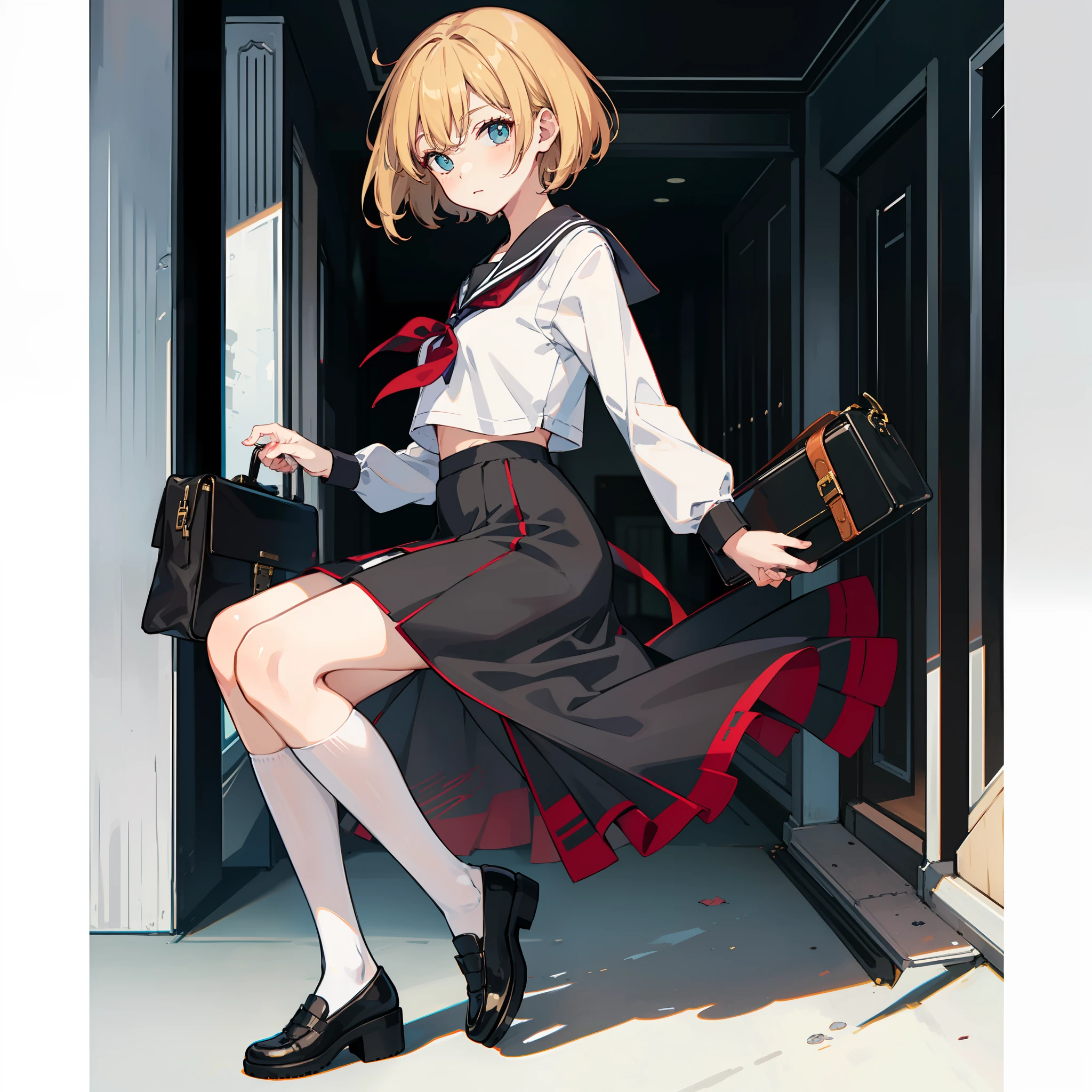 Description of a short-haired young woman holding a briefcase, 1 girl, Solo, Merlin Prism River, School uniform, Just flat, Skirt, shoes, serafuku, White Sailor Uniform, sox, mary janes, School Background, different costume, Long sleeves, Blonde, Full body, Looking at Viewer, Short hair