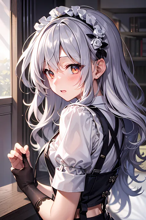 Best Quality, ultra-detailliert, very detailed illustration, silber hair, Aimei, embarrassed from，breastsout，((Suspender Skirt))，red blush，Black tie，Maids