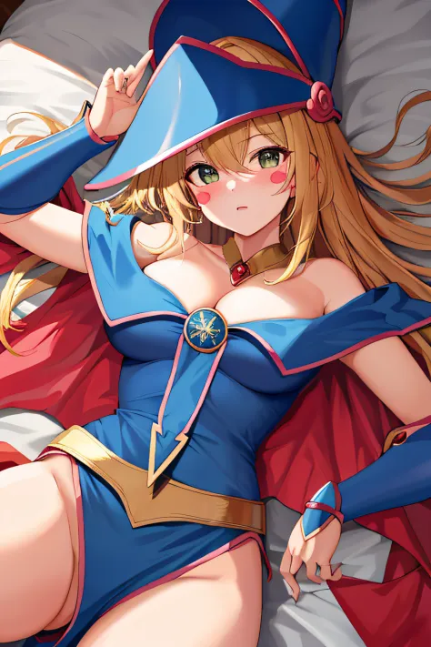 ​masterpiece, top-quality, hight resolution, HMDMG1, Wizard Hat, red blush, blush stickers, cleavage of the breast, bare shoulders​, doress, off shoulders, Underwear is visible