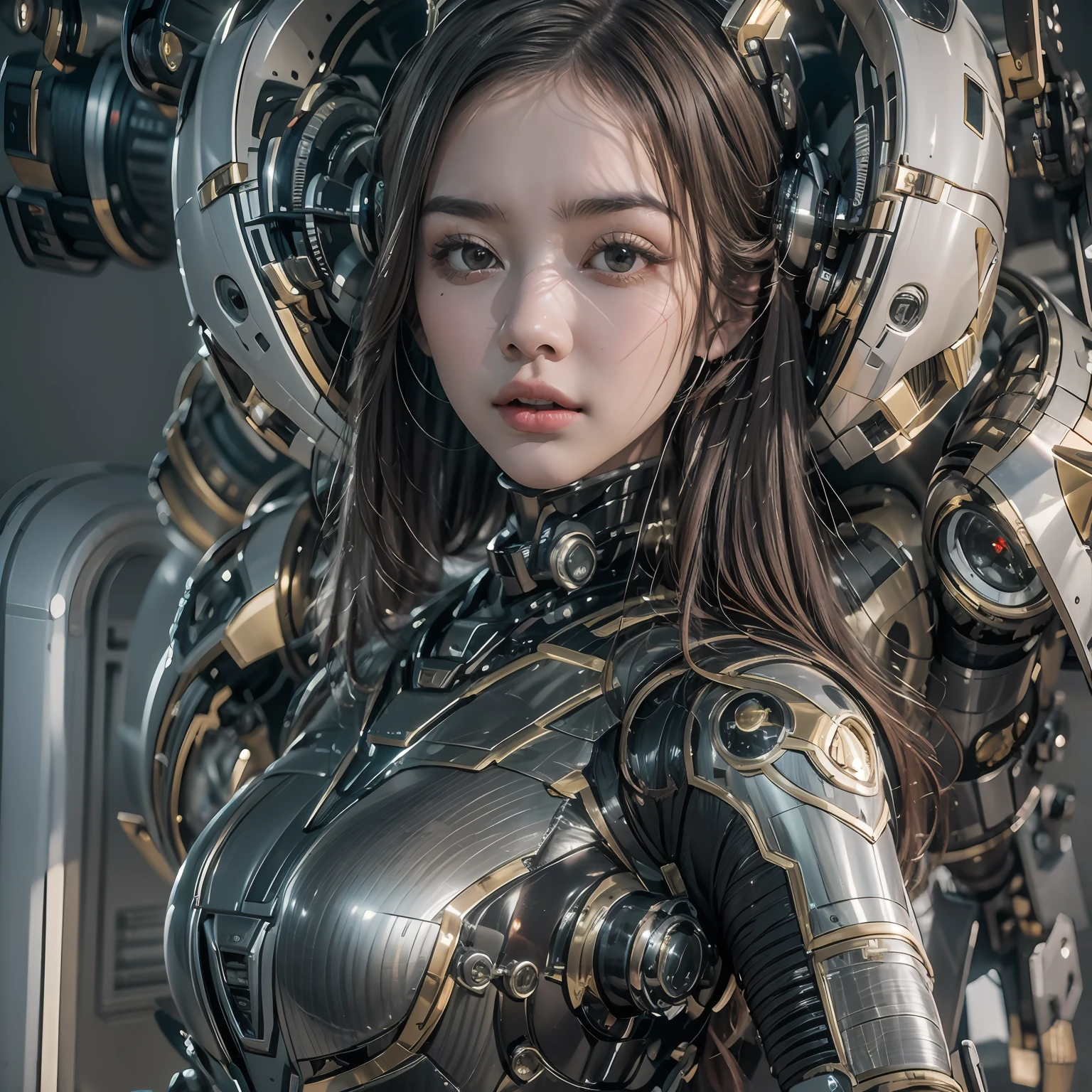 1girll，Big eyes，Perfect facial features，With a mecha helmet，mechs，Photorealsitic，Metallic，eyes looking at the lens，Lips slightly open，There is a huge mech behind him，best qualtiy，c4d渲染，rendering by octane，Cinematic quality，tmasterpiece，16k,(fully body photo)