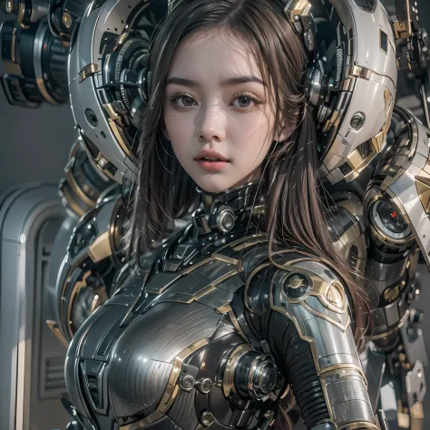 1girll，Big eyes，Perfect facial features，With a mecha helmet，mechs，Photorealsitic，Metallic，eyes looking at the lens，Lips slightly...