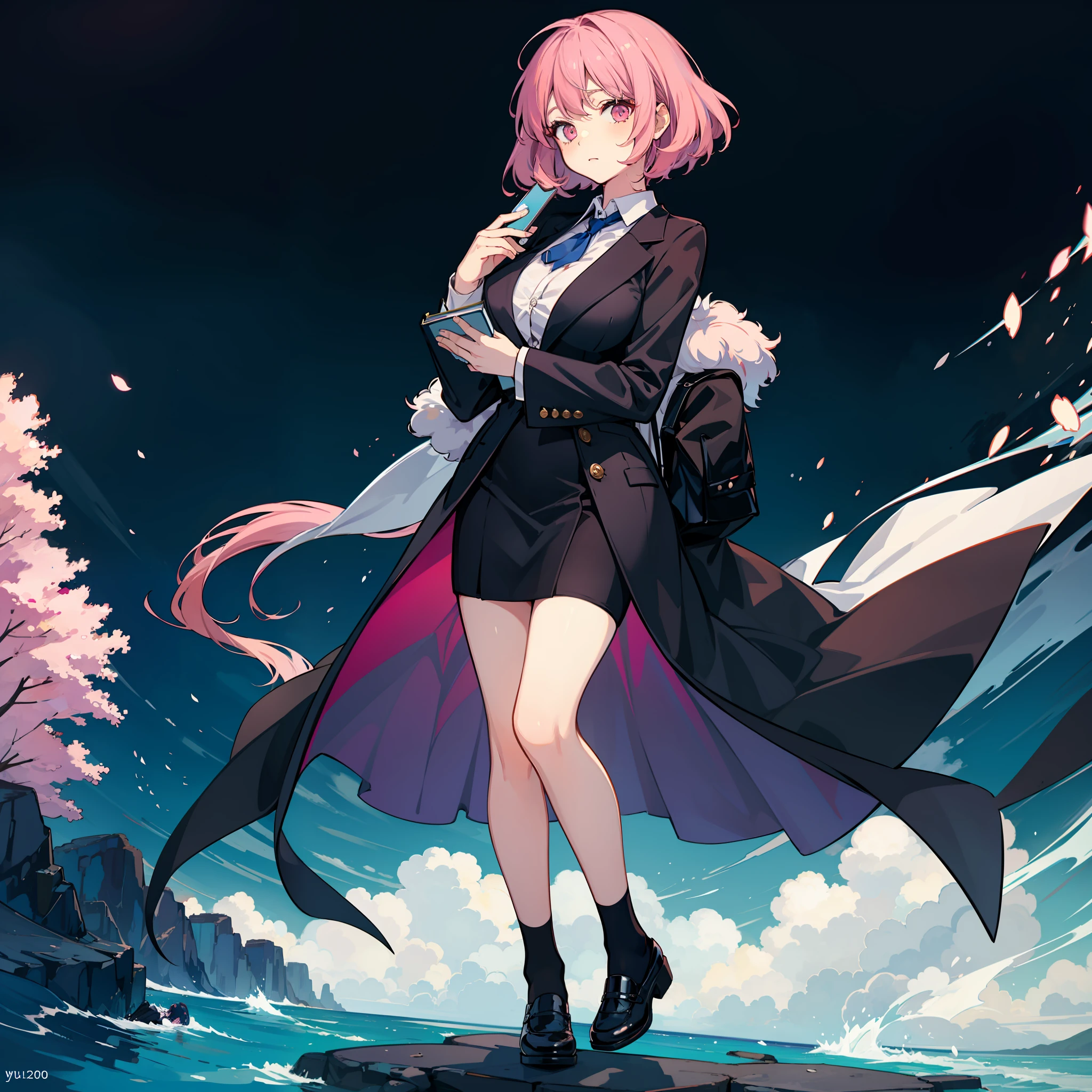 Depiction of an adult woman with long hair holding a textbook, one girl, solo, Yuyuko Saigyouji, suit, Gohei, black skirt, shoes, black blazer, white polo shirt, black tie, socks, Mary Janes, school Background, Alternate costume, Long sleeves, Rolled sleeves, Pink hair, Full body, Looking at viewer, Short hair, Big breasts