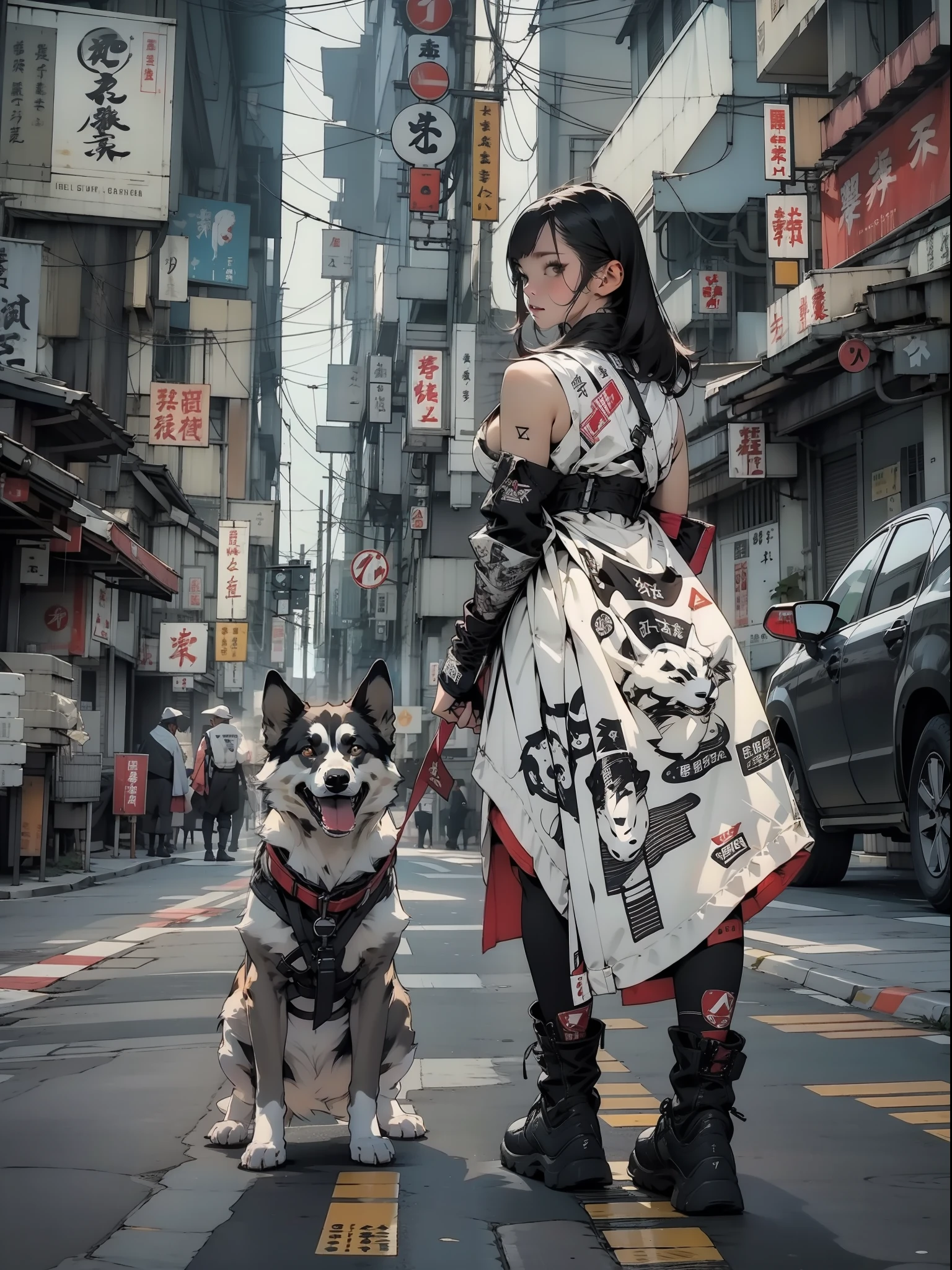 Femme en tenue de kimono avec un chien en laisse - SeaArt AI