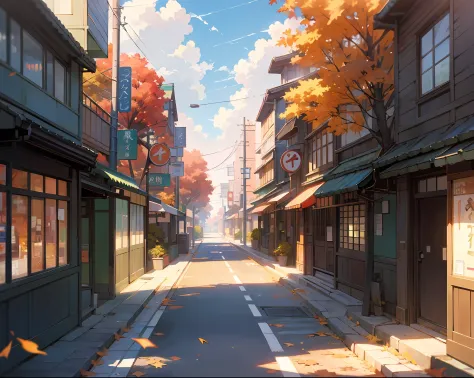 unmanned、Clear blue sky、Scaly clouds、Urban Japan、Street、main street、Street trees with autumn leaves、Scattered Maple、Sunlight、Beautiful anime、By Shinkai Makoto、((By Shinkai Makoto))、Anime Background Art、anime backgrounds、style of makoto shinkai、anime movie ...