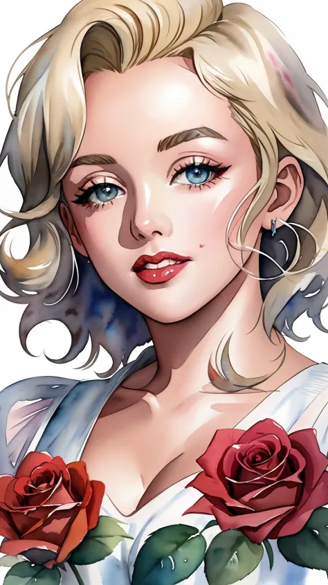 close up photo of marilyn monroe, watrcolor style, (rose) digital art, official art, blown by the wind, masterpiece, beautiful, ...