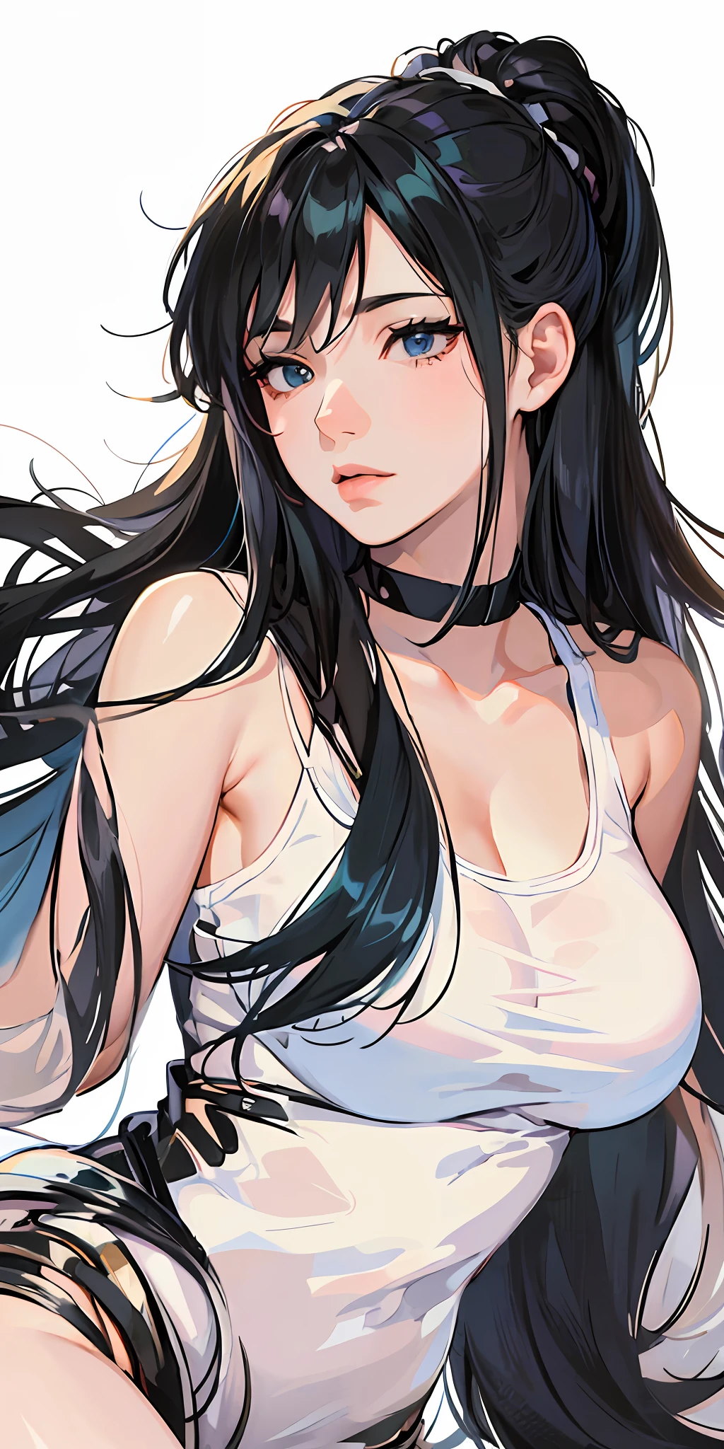 Anime girl with long black hair and white top posing - SeaArt AI