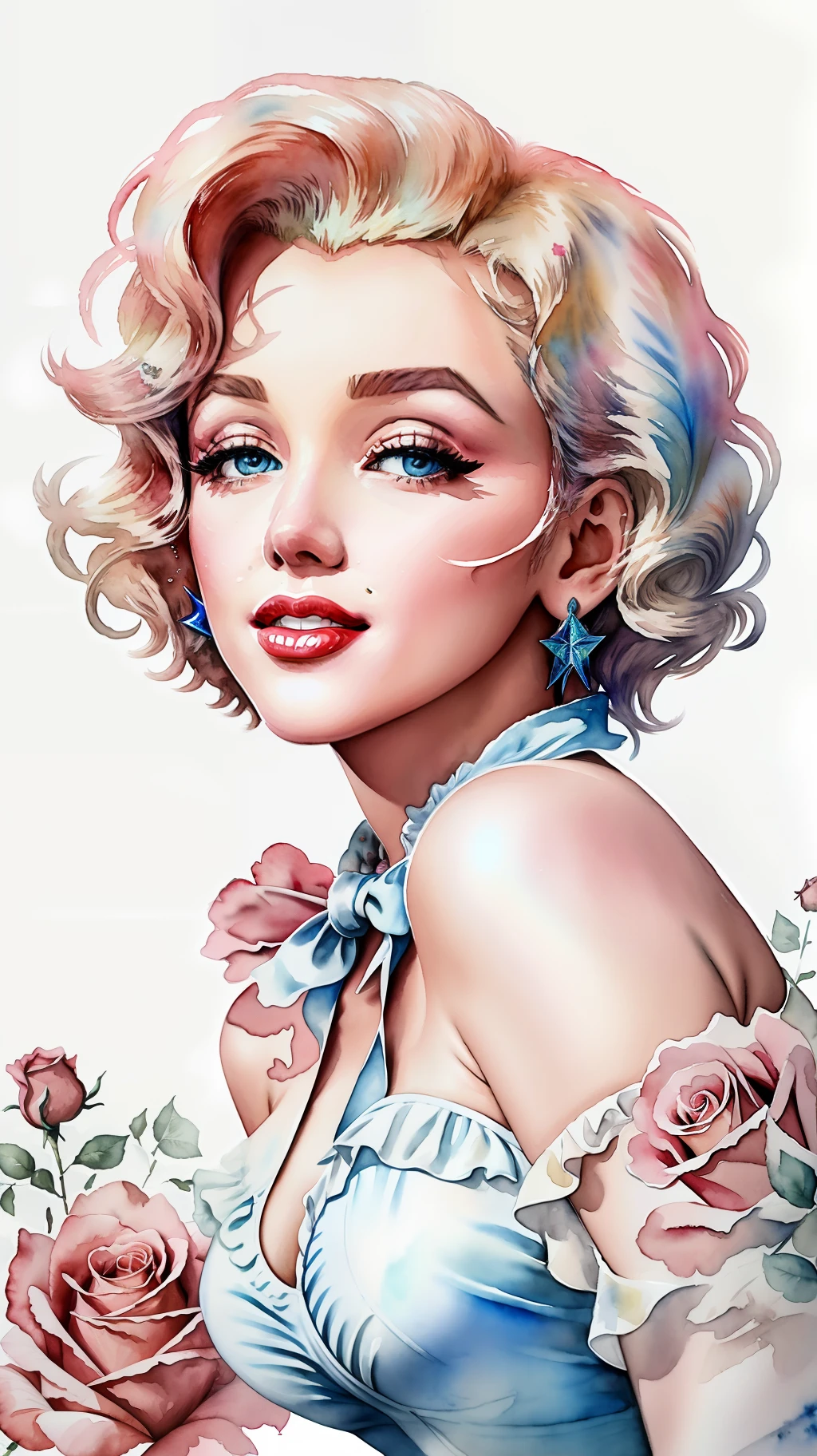close up photo of Marilyn Monroe, watrcolor style, (rose) digital art, official art, blown by the wind, masterpiece, beautiful, ((watercolor)), paint splatter, intricate detail. Great detail, [dripping:0.7], Trending on Artstation, Rachel Walker