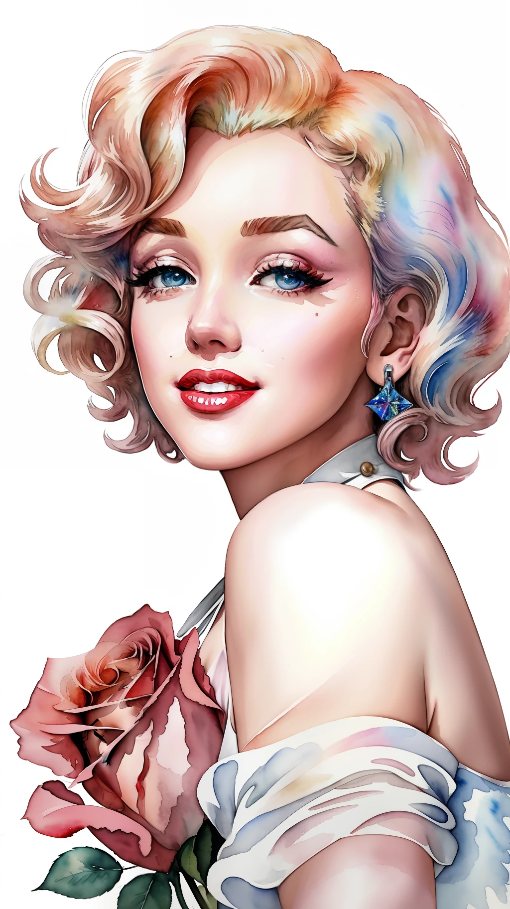 close up photo of Marilyn Monroe, watrcolor style, (rose) digital art, official art, blown by the wind, masterpiece, beautiful, ((watercolor)), paint splatter, intricate detail. Great detail, [dripping:0.7], Trending on Artstation, Rachel Walker