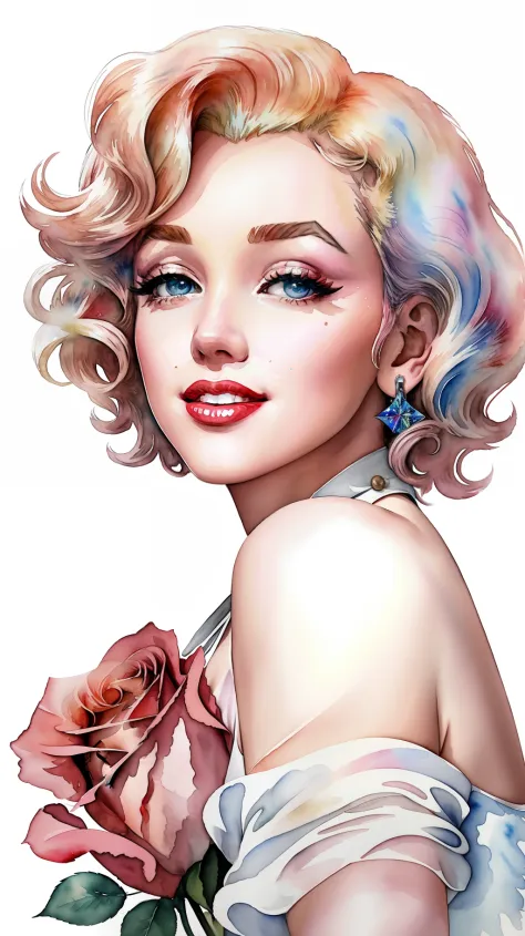 close up photo of Marilyn Monroe, watrcolor style, (rose) digital art, official art, blown by the wind, masterpiece, beautiful, ...