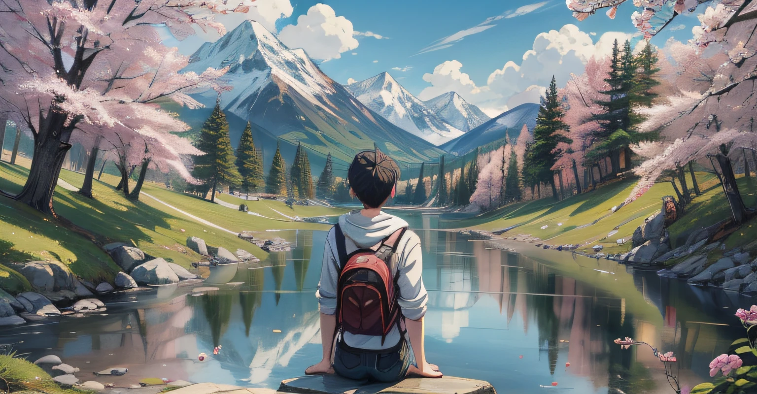 chef-d&#39;œuvre，style manga miyazaki，Un garçon regardait au loin，Au printemps de la montagne，corps entieresbienne，Ombre arrière