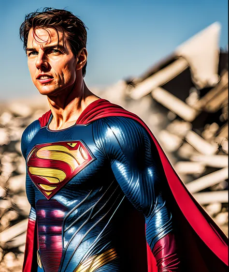 photo of tom cruise is superman , superhero, upper body,cinematic, movie, grain movie (2023s)1boy, building destroyed , realisti...