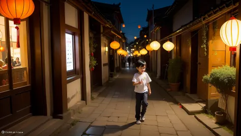 "(Enchanting and picturesque old town of Hoi An) +(charming lanterns illuminating the streets) +(adorable and playful little boy...