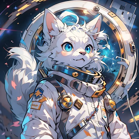 anime cat，gold and blue eyes，white hair，the ears are blue hairs，there is a blue rosary around the neck， very very beautiful furr...