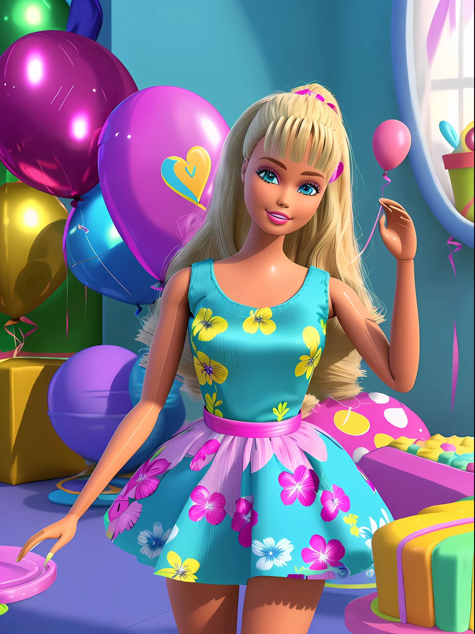 Barbie doll with balloons and presents in a room - SeaArt AI