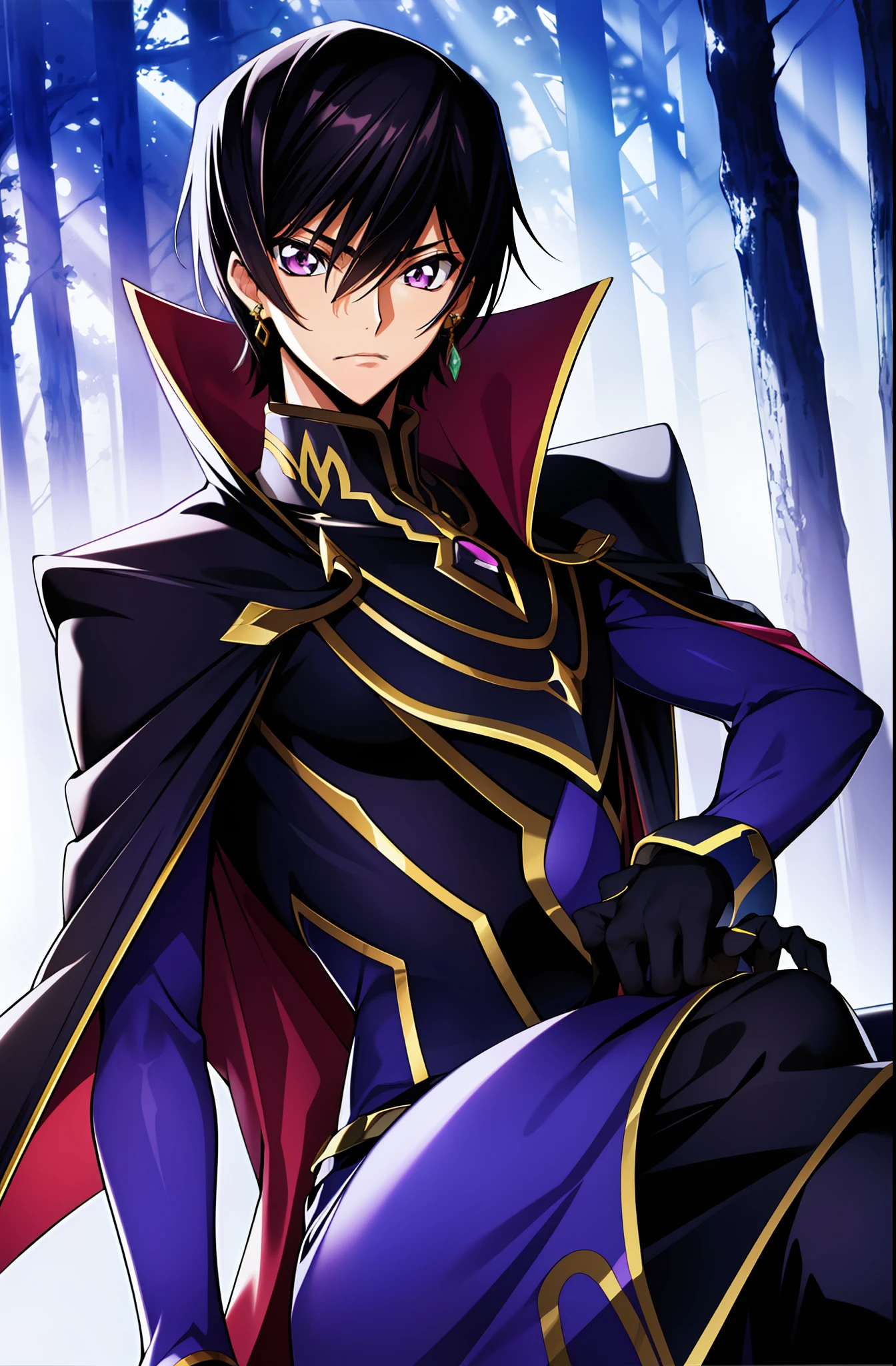 in a dark forest with trees in the background
sitting on a red couch,purple light shining,
black and yellow outfit,black cape,cape, chain-link_fence, coat,gloves,
lelouch_lamperouge,jewelry,gem,
black_hair,purple_eyes,earrings,short hair, purple light in their eyes ,
1 man, 20yo,male,Beautiful FingerBeautiful body,Beautiful Nose,Beautiful character design, perfect eyes, perfect face,
looking at viewer,angry, 
NSFW,official art,extremely detailed CG unity 8k wallpaper, perfect lighting,Colorful, Bright_Front_face_Lighting,
(masterpiece:1.0),(best_quality:1.0), ultra high res,4K,ultra-detailed,
photography, 8K, HDR, highres, absurdres:1.2, Kodak portra 400, film grain, blurry background, bokeh:1.2, lens flare, (vibrant_color:1.2) Zero