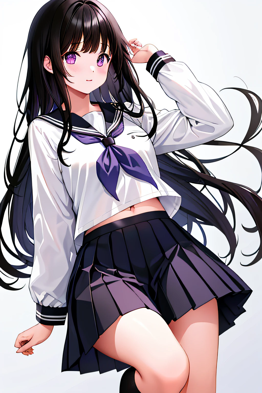 1girl, chitanda eru, long hair, black hair, , purple eyes, white shirt, white socks, pleated skirt, bangs, black sailor collar, neckerchief, black skirt, long sleeves, (shirt lift:1.2), navel, bra,