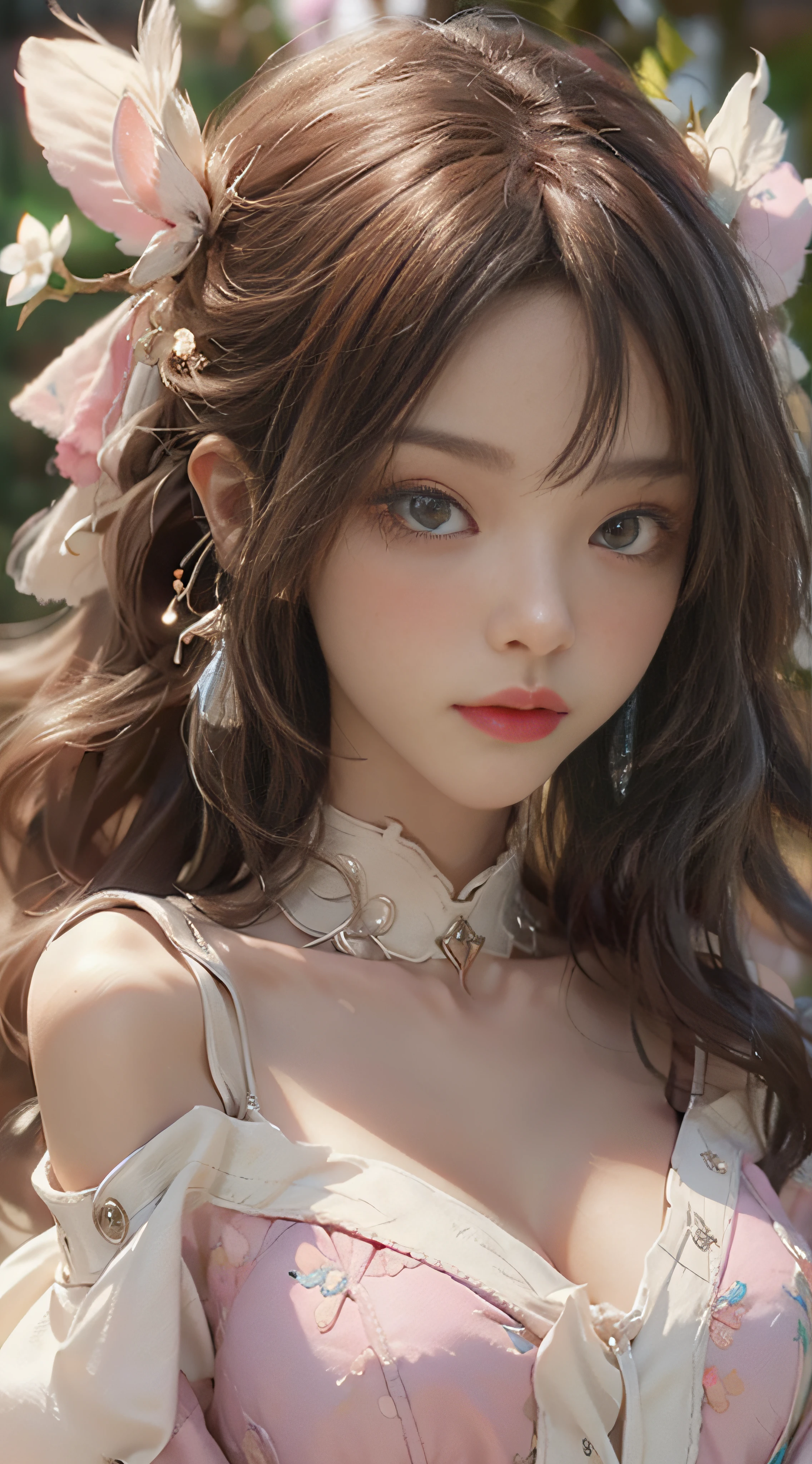 （（best qualtiy））， （（tmasterpiece））， （detail：1.4）， 3D， Beautiful antique female image，hdr（HighDynamicRange），Ray traching，NVIDIA RTX，Hyper-Resolution，illusory 5，sub surface scattering，PBR textures，post-proces，Anisotropy Filtering，depth of fields，maximum definition and sharpness，Many-Layer Textures，Albedo e mapas Speculares，Surface coloring，Mitsu-Accurate simulation of material interactions，perfectly proportioned，rendering by octane，Two-colored light，largeaperture，Low ISO，White balance，Rule three points、8K raw data、beautiful bright pupils，off-the-shoulder clothes，Fine pupils，Delicate face and eyes，long eyelasher，Blushlush，Delicate and fluffy hair，pink lip，Pure，Cute big breasts，Sweet girl，Artistic sense，Casual wear，Advancedsense，butterflys，Cherry blossom petal，Beautiful hair accessories，Hair fluttering in the wind