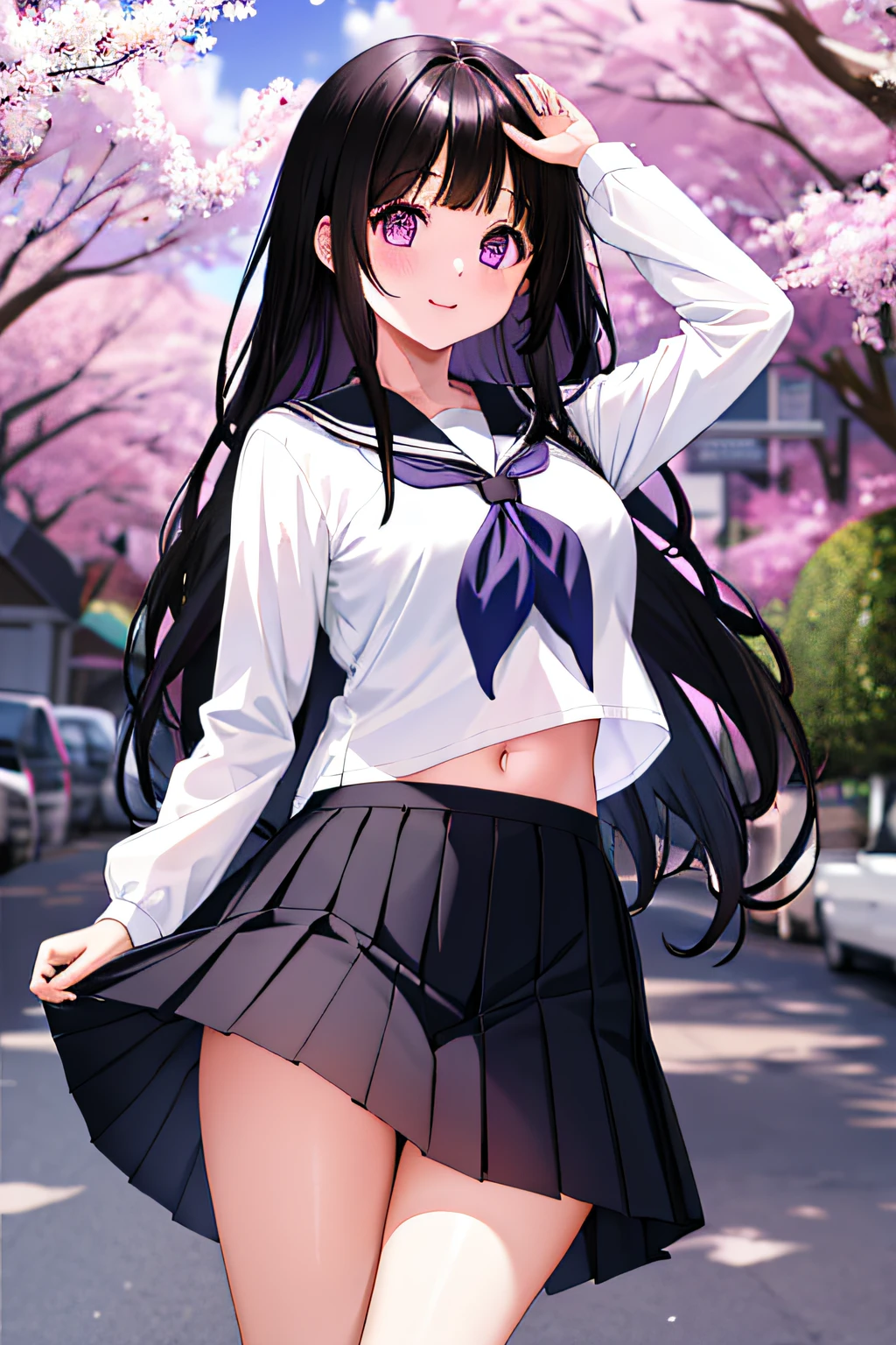 1girl, chitanda eru, long hair, black hair, , purple eyes, white shirt, white socks, pleated skirt, bangs, black sailor collar, neckerchief, black skirt, long sleeves, (shirt lift:1.2), navel, bra,