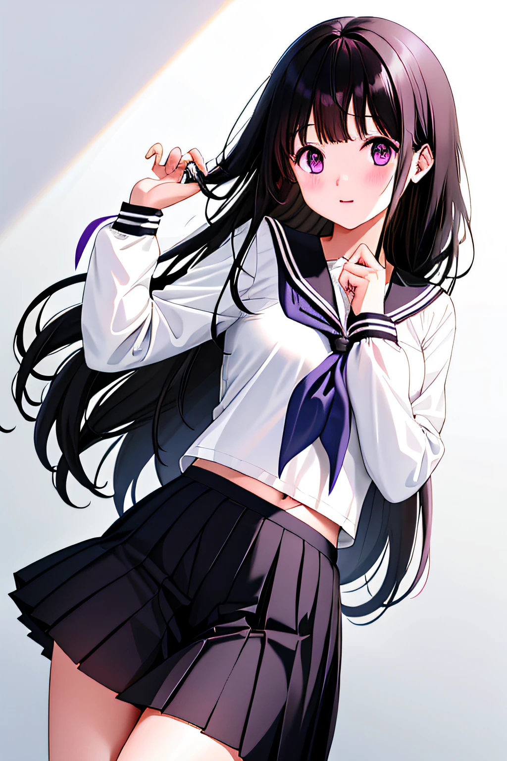 1girl, chitanda eru, long hair, black hair, , purple eyes, white shirt, white socks, pleated skirt, bangs, black sailor collar, neckerchief, black skirt, long sleeves, (shirt lift:1.2), navel, bra,