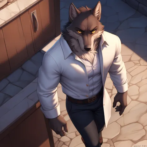 mr wolf, solo, shirt, long sleeves, standing, (white jacket), white shirt, male focus, open clothes, collared shirt, belt, pants, open jacket, formal, suit, shirt tucked in, brown belt, body fur, (white pants), yellow sclera, two-tone fur, by zackarry911, by zaush, (by personalami:0.5), (soft shading), 4k, hi res, detailed eyes, high angle view
